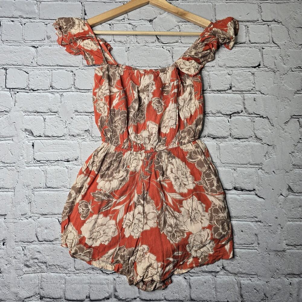 Amuse Society Tropical Hawaiian Print Red Beige Romper Size Small